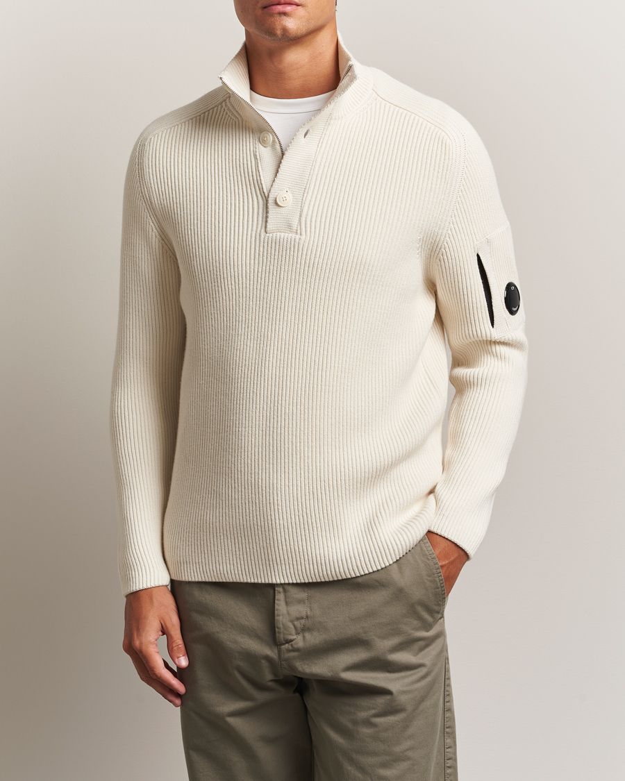C.P. Company Full Rib Knitted Cotton Half Button White