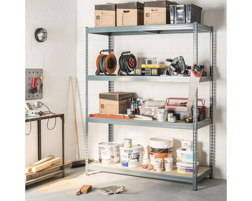 Robuuste stellingkast Robus 350, gegalvaniseerd, 190x150x60 cm, 4 houten legborden, draagvermogen 1400 kg