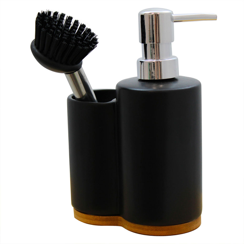 Distributeur de savon céramique et bambou noir 11.5x18.5x6.4cm