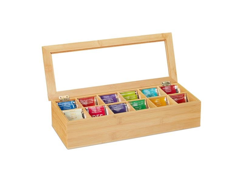 relaxdays Teebeutel-Box 12 Fächer, Hellbraun Übersichtliche und geordnete Teesorten