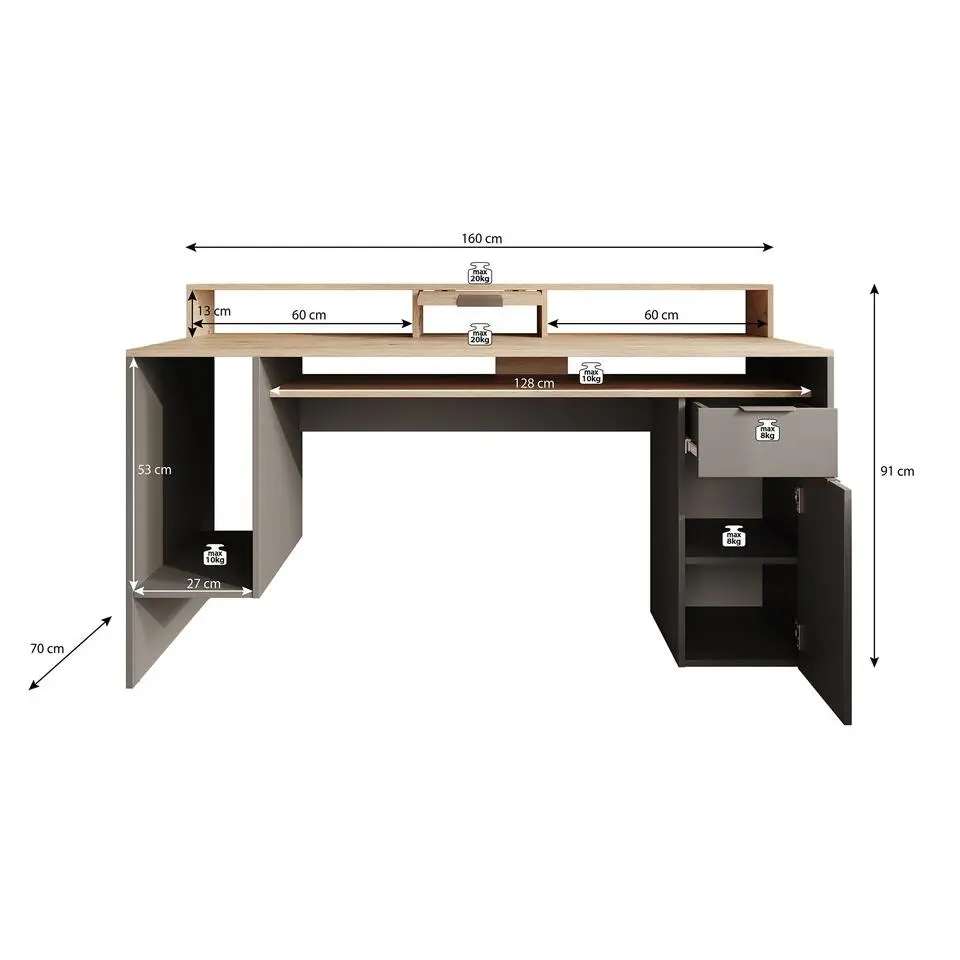Meubella - Bureau Ryan - Grijs - Eiken - 160 cm