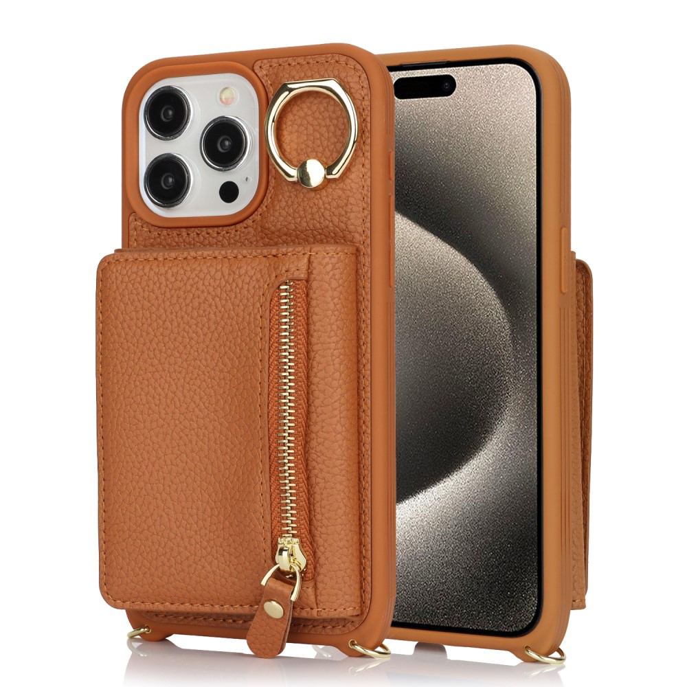 iPhone 14 Pro Max Necklace Leder Hülle mit Münzfach und Kartenfächer   Finger Griff Halterung   Handykette - Braun