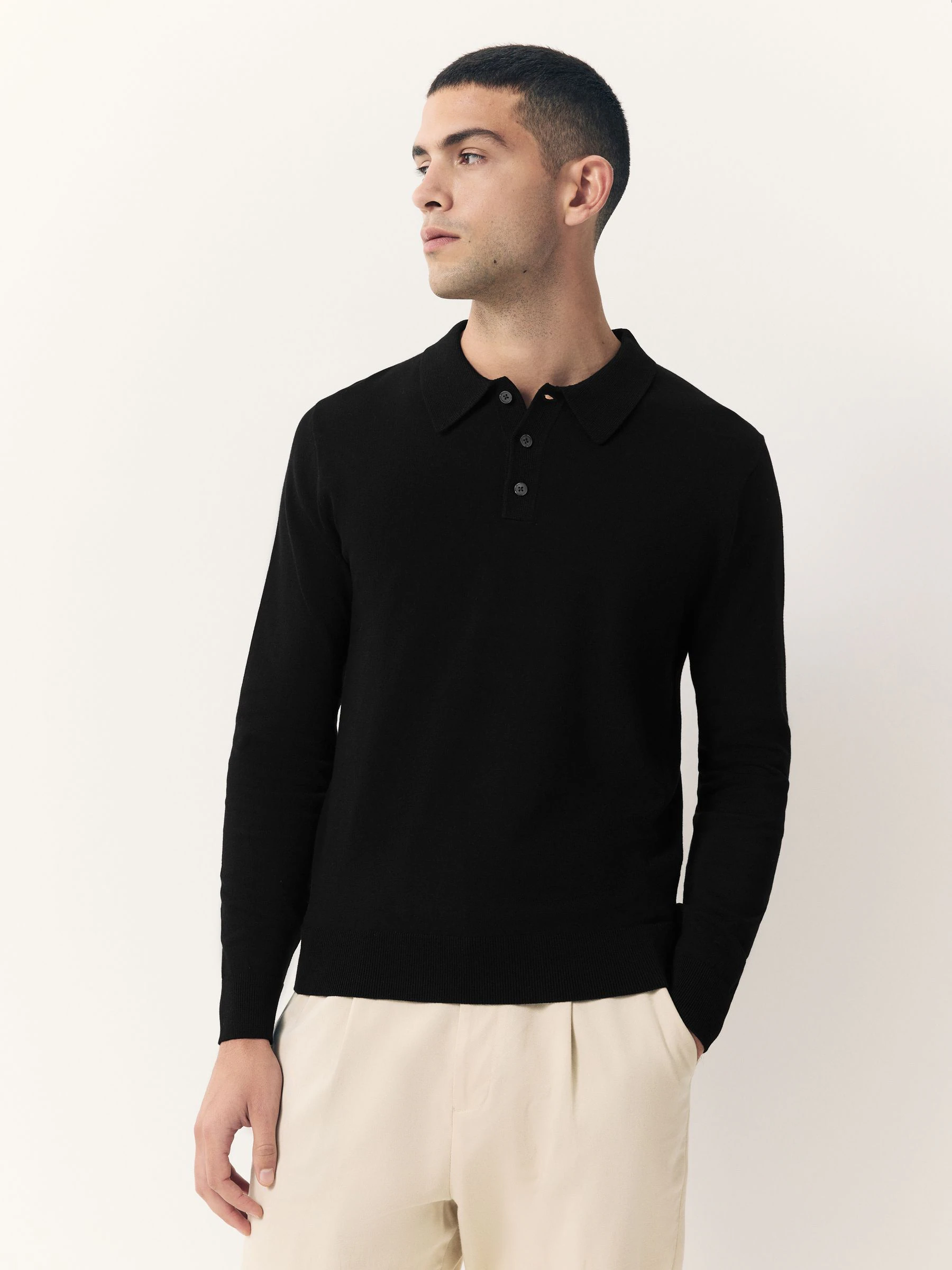 Zwart - Slim Fit - Katoenrijk gebreid poloshirt met lange mouwen