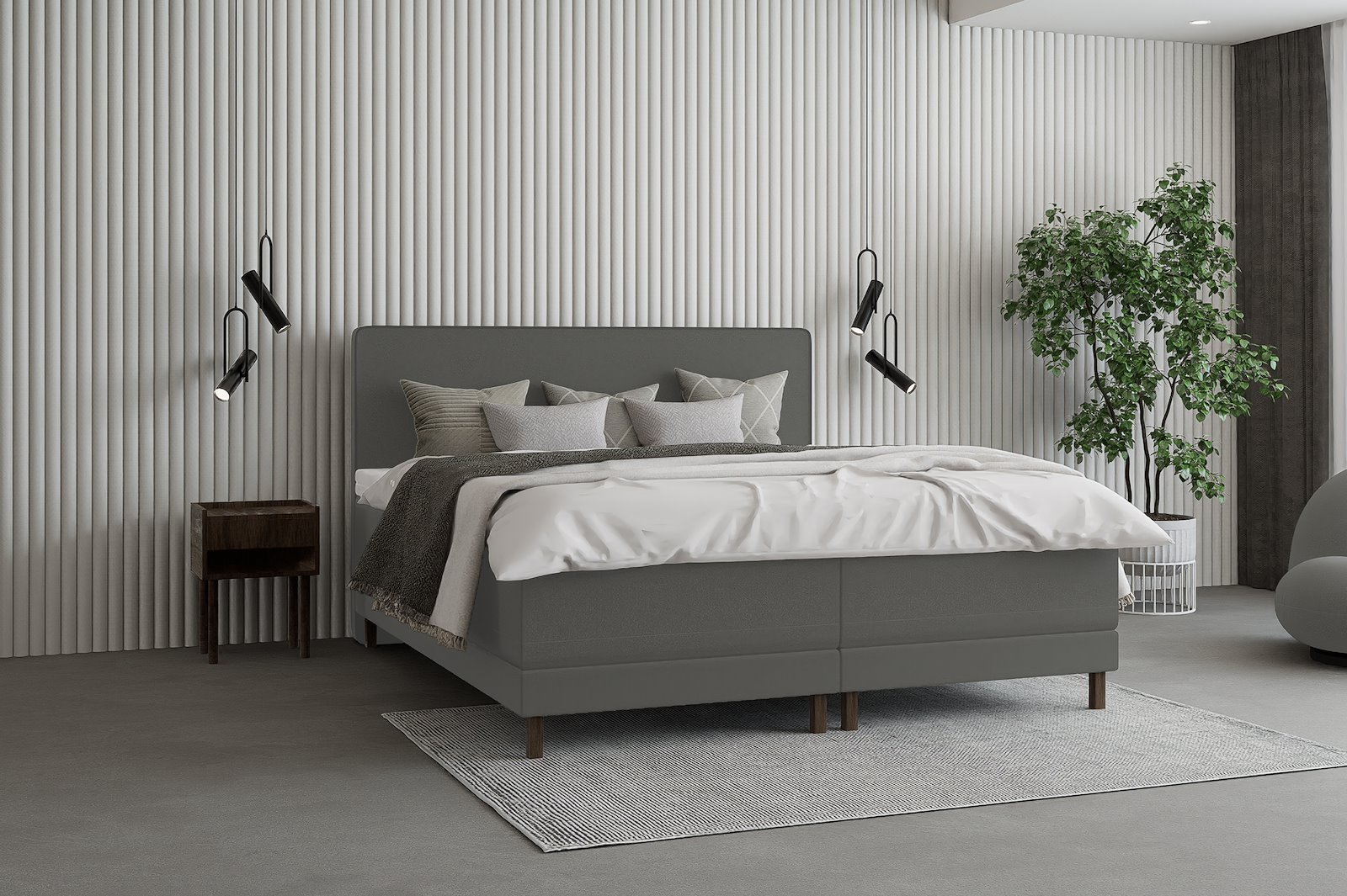 Premium 14 regulerbar seng 210x210 cm Tekstil Storm 97 mørk grå, medium/medium, Premium 14 overmadrass med røkfarget 15 cm ben, gavl selges separate.