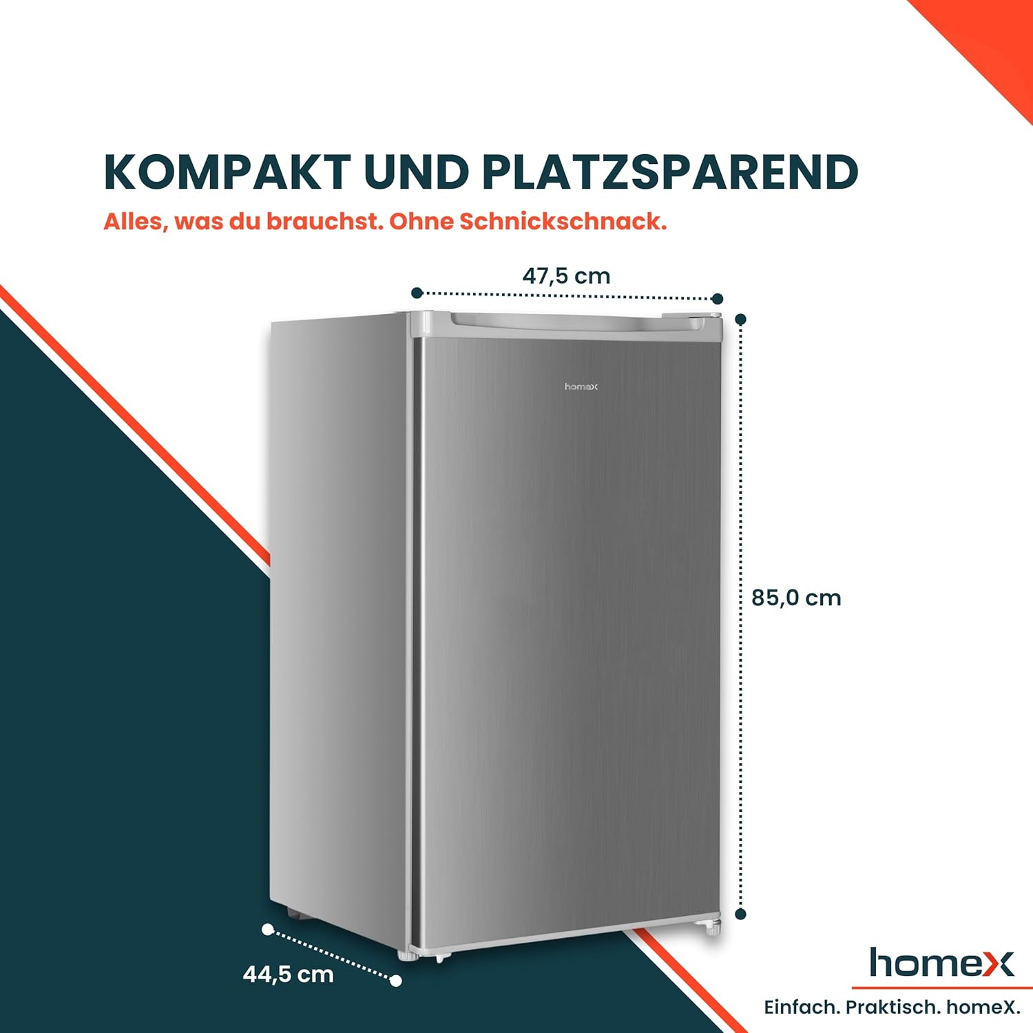 homeX Kühlschrank ohne Gefrierfach, Vollraumkühlschrank klein - 88L Nutzinhalt, freistehend und kompakt, Tischkühlschrank leise 39 dB, Fridge mit LED-Innenbeleuchtung und Temperaturregelung, silber