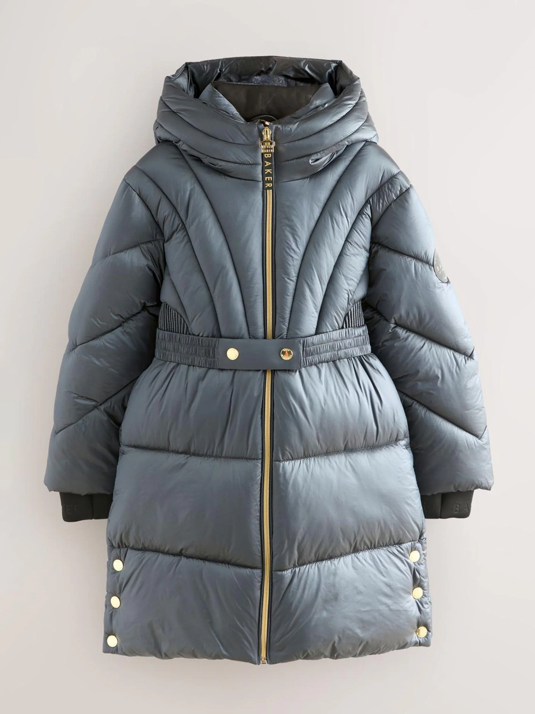 Baker by Ted Baker - Marineblauwe, regenbestendige gewatteerde jas met parels en ceintuur
