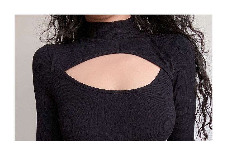 BERAN STUDIO - T-shirt met lange mouwen, hoge hals en uitsparing, effen geribbeld