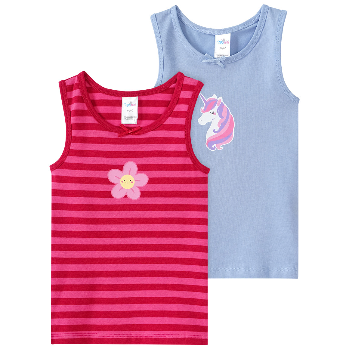 Topomini 2 Baby Unterhemden mit verschiedenen Prints pink / hellblau
