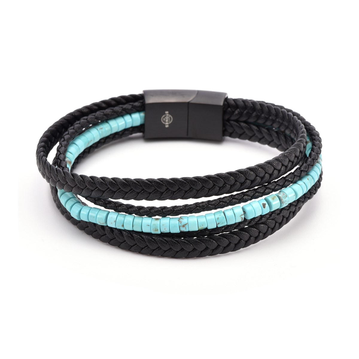 Bracelet Cuir Noir Tressé Avec Perle De Heishi Turquoise-Medium-18cm