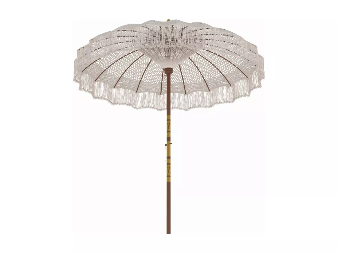 Ensemble parasol en macramé et pied de parasol en bois de suar - Fakélé