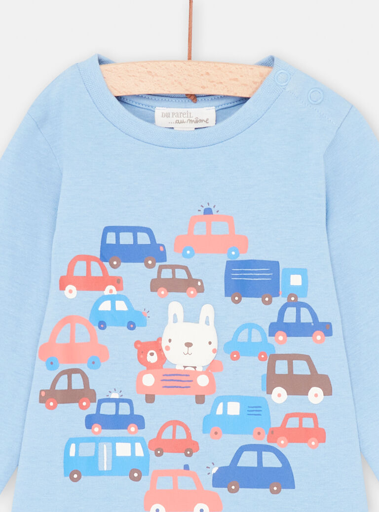 T-shirt bleu à motifs voitures et animaux bébé garçon