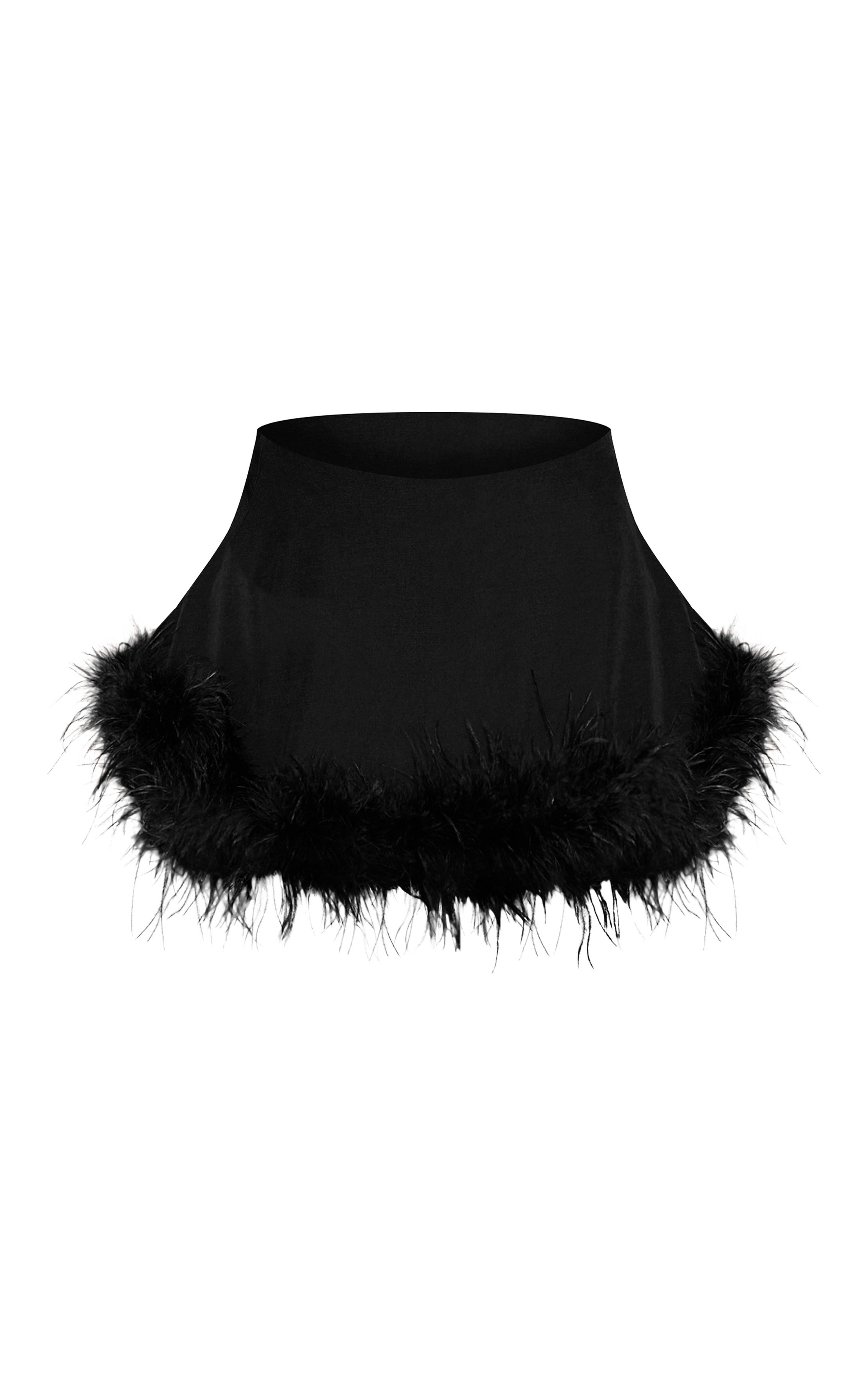 Noir Mini-jupe Premium Tissée Évasée À Ourlet De Plumes