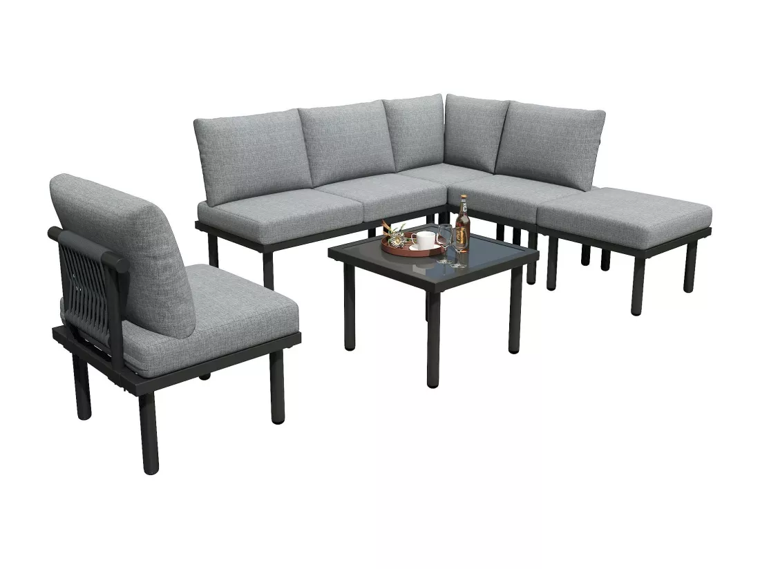 Ensemble de 6 meubles de jardin en corde dessus de table en verre avec assise et coussins gris