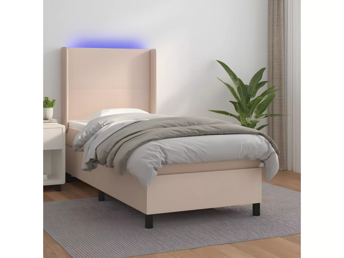 Sommier tapissier matelas et LED Cappuccino 90x200cm Similicuir