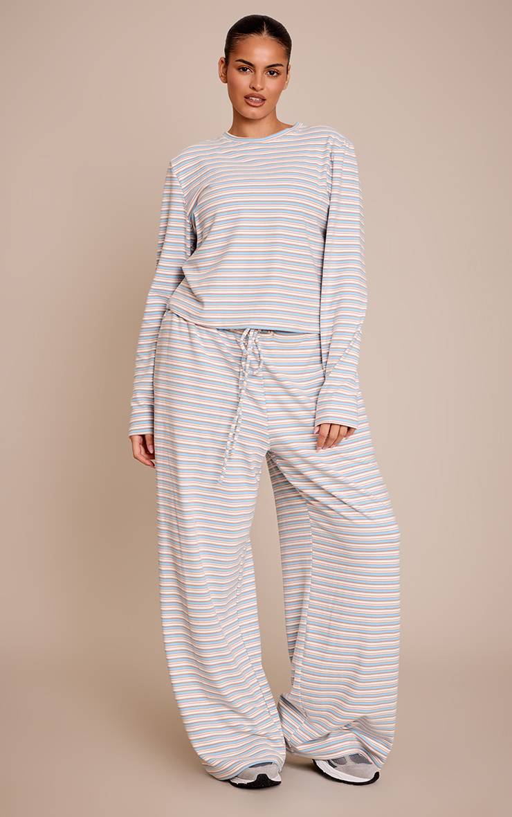 Bleu Clair Ensemble Coordonné Jogging Jambe Droite En Molleton Doux Rayé Grande Taille