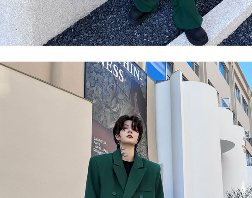 Omozando - Set: Effen dubbelrijs blazer + Hoge taille wijde broek