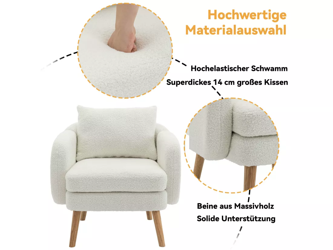 Fauteuil en tissu teddy avec coussin - pieds en bois massif - blanc