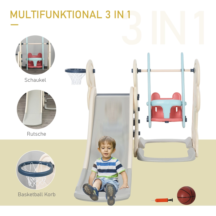 HOMCOM 3-in-1-Kinderrutsche mit Schaukel und Basketballkorb weiß, blau, grau
