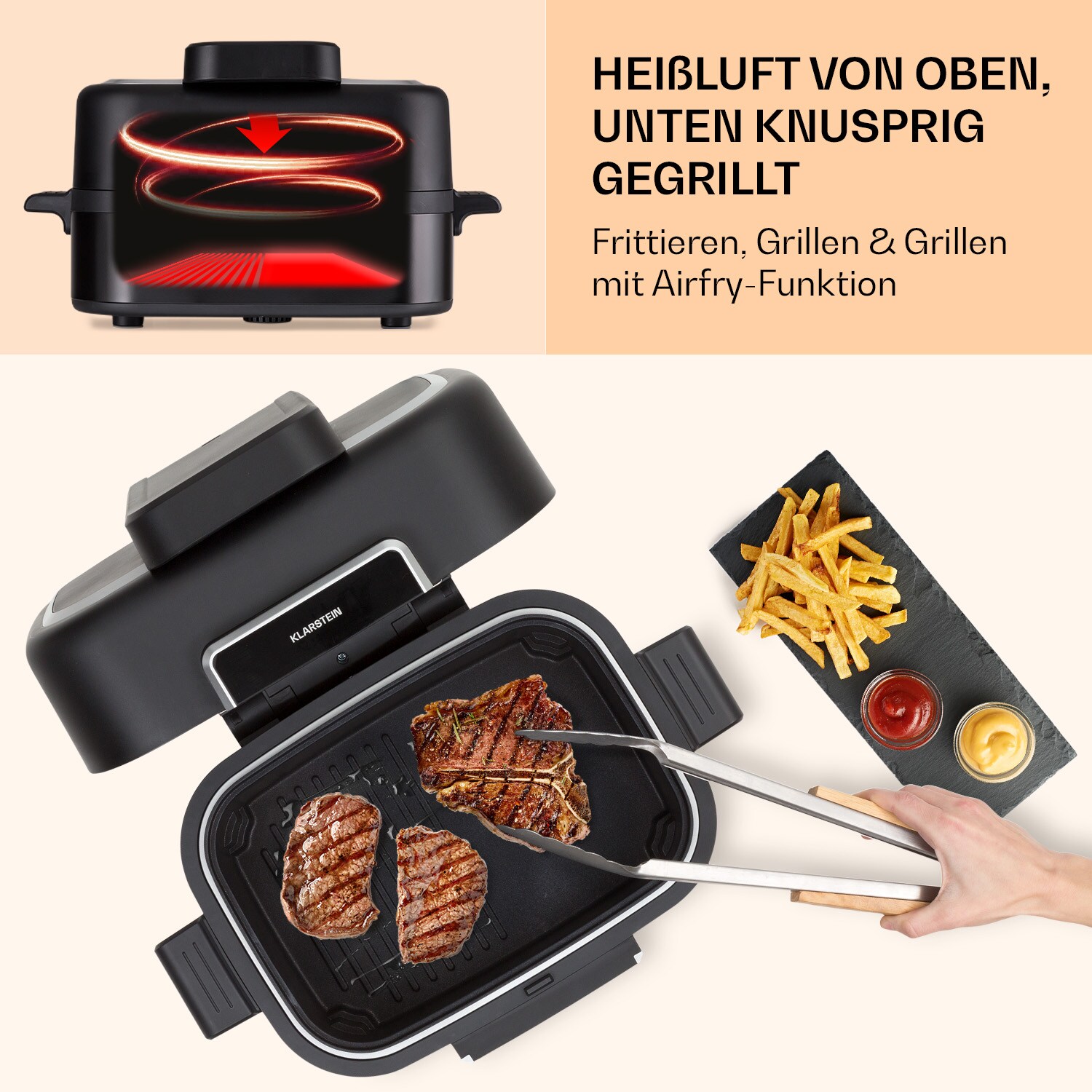 Combo Air Grill-Heißluftfritteuse 5 Programme 1500 Watt 4,5 L Grillkorb 2,5 L Frittierkorb Schwarz