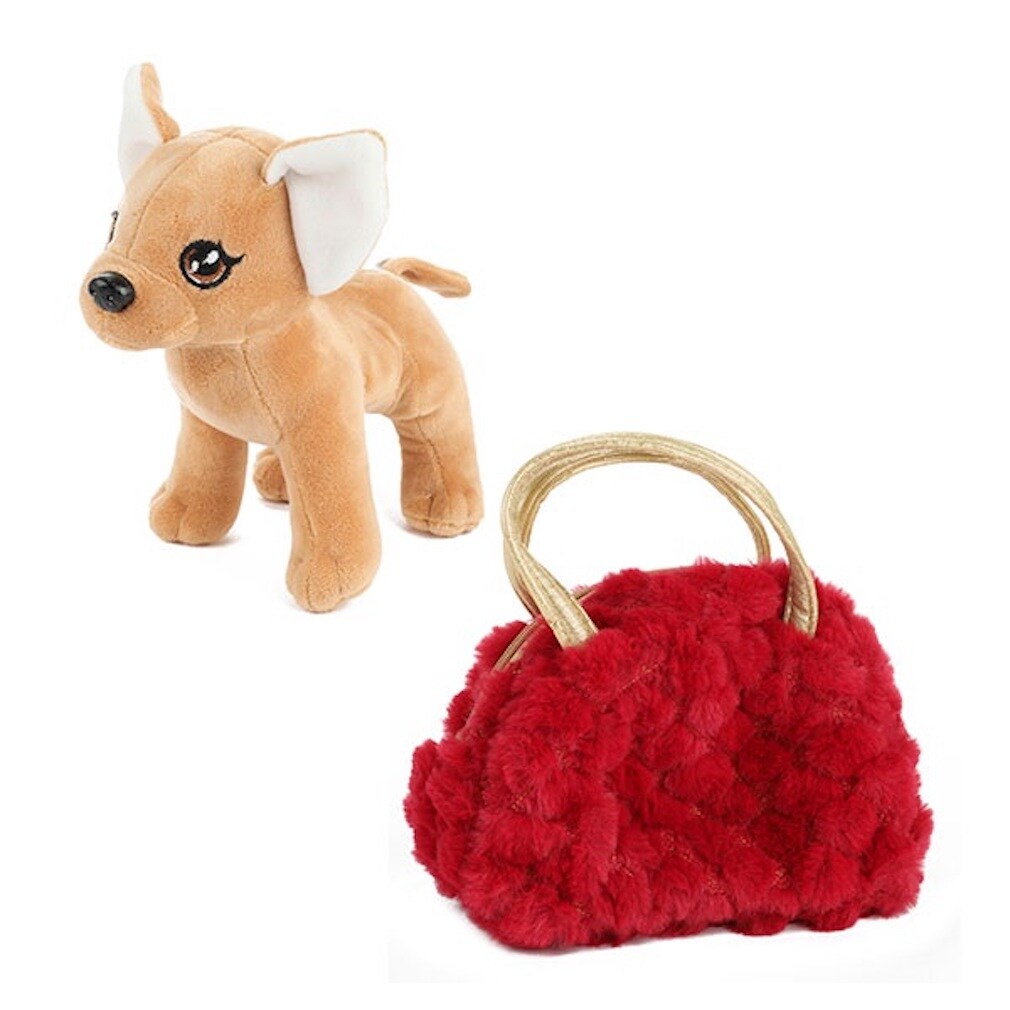 Plüschhund Chihuahua in einer Plüschhandtasche