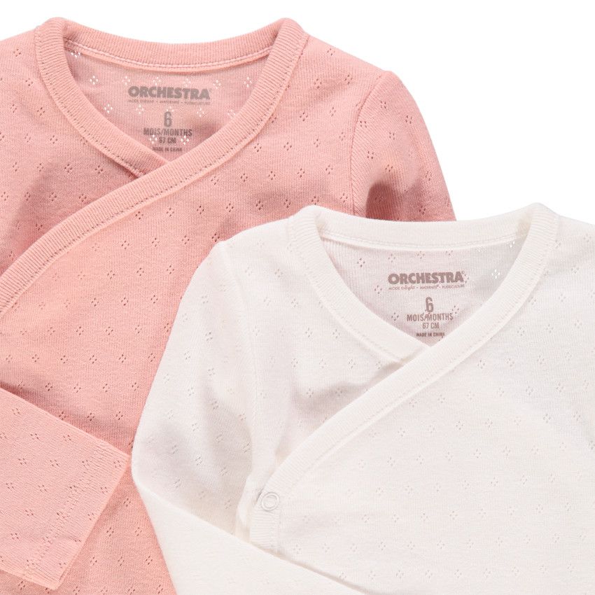 Lot de 2 bodies manches longues en coton bio et maille ajourée - Rose