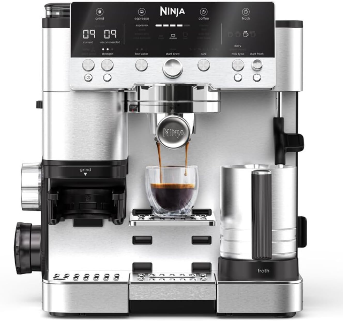 Ninja Luxe Premier 3-in-1-Kaffeemaschine mit Mahlwerk und Aufschäumer für Latte, Cappuccino, Cold Brew & Espresso, einfache Handhabung, 4 Voreinstellungen zum Aufschäumen, Silber, ES601EU