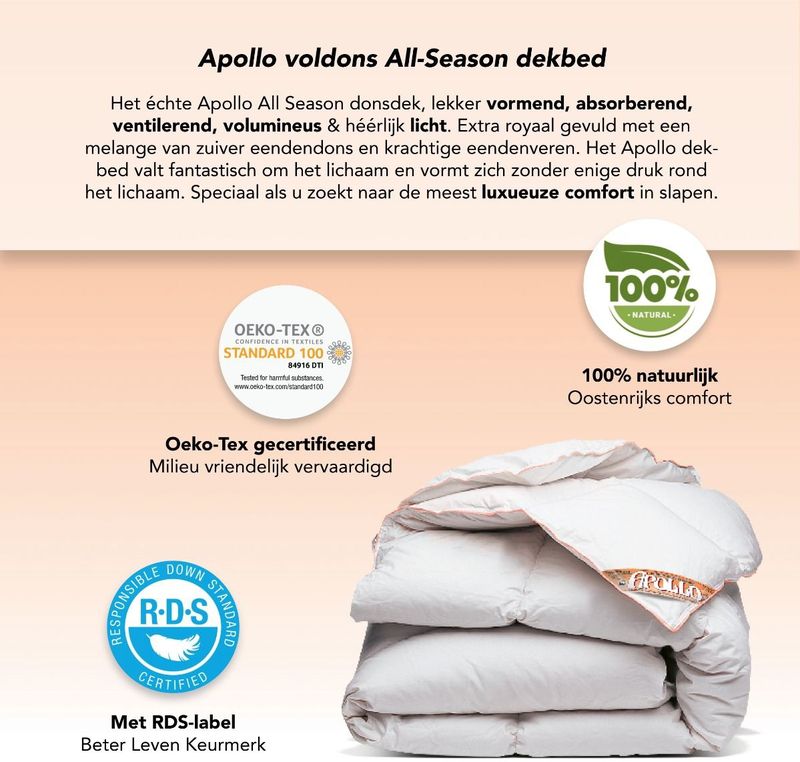Apollo Voldonzen Eendendons 4 Seizoenen Dekbed - Luxe RDS Donsdeken All Season