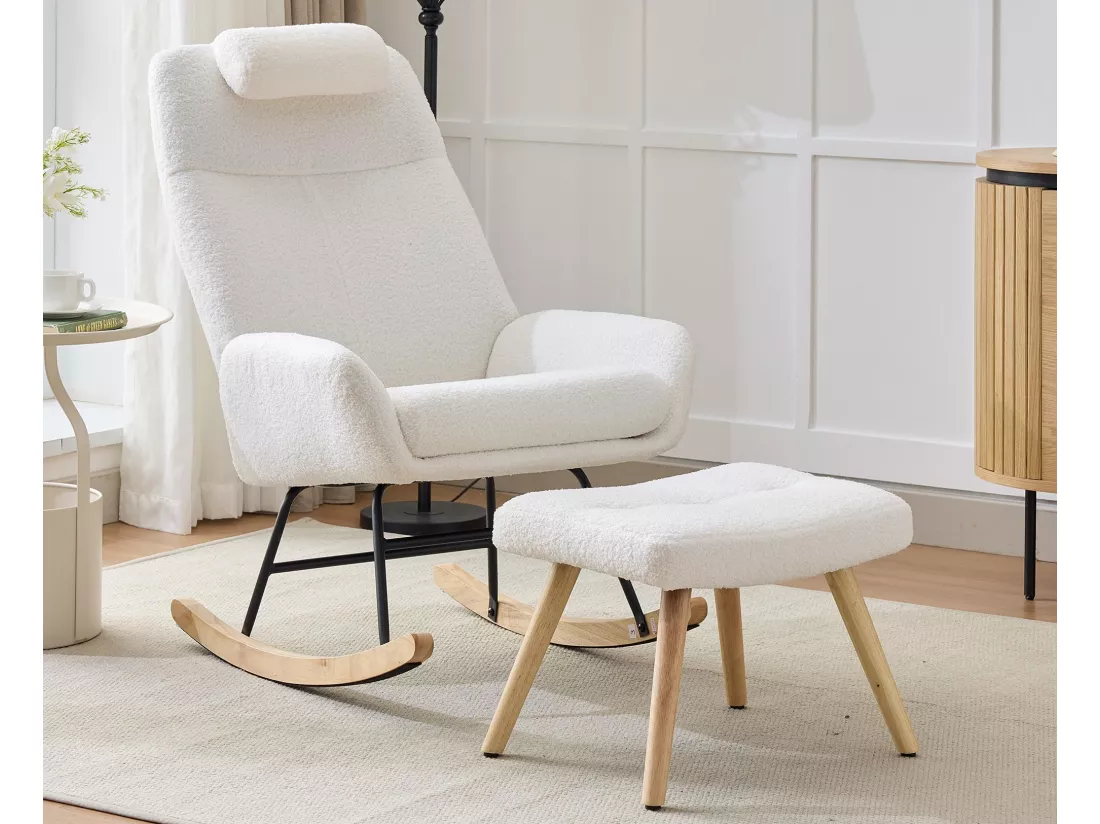 Fauteuil à bascule、Rocking chair en tissu teddy - avec appui-tête et repose-pieds - Blanc