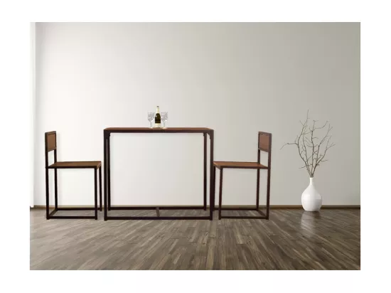 Lot de table de bar et 2 chaises en noyer brun. Modèle compact et peu encombrant. SIENA par Yelloo