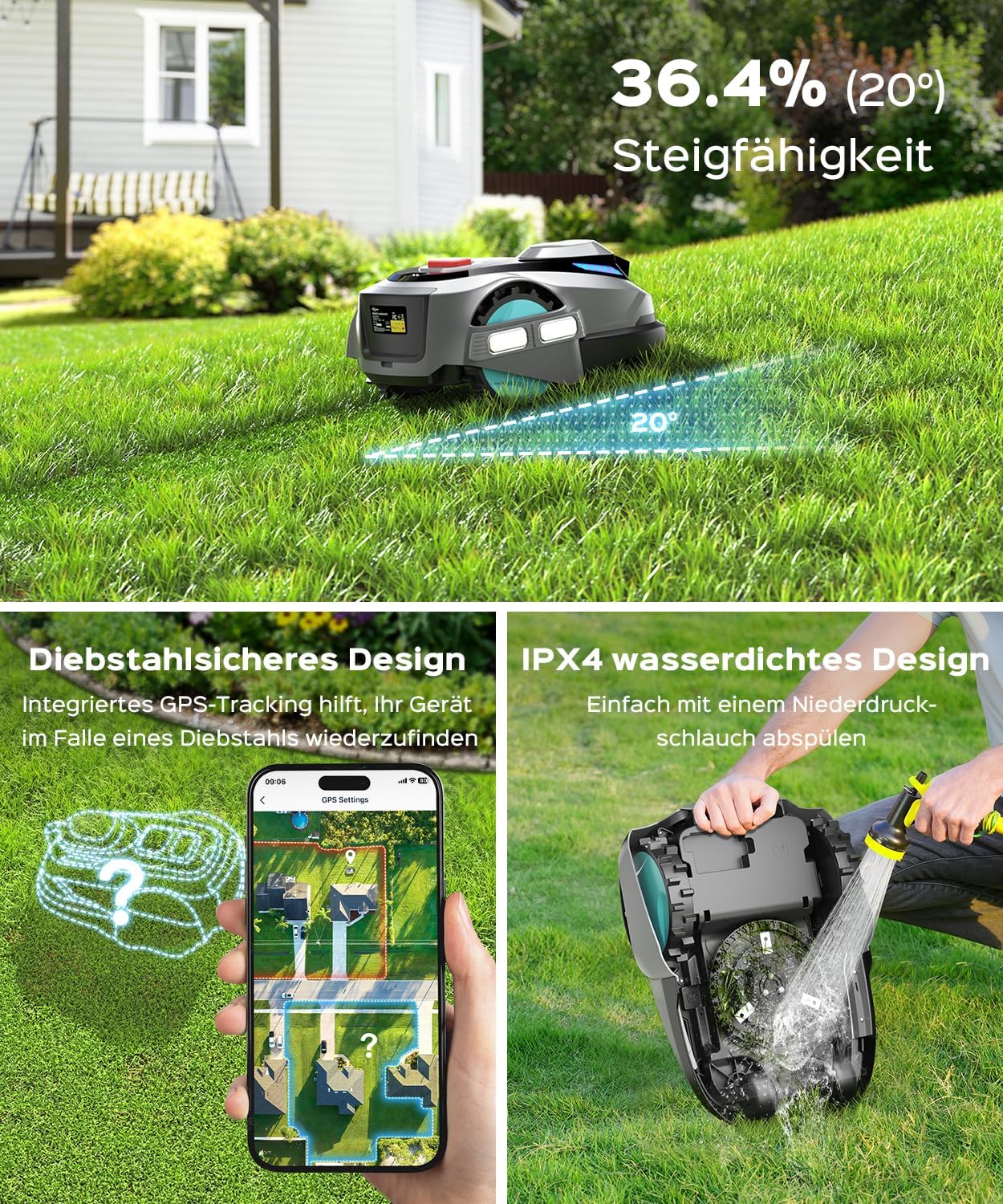 N1600PRO Mähroboter ohne Begrenzungskabel,Max.1600 m²,RTK+Vision Rasenmäher Roboter,Multizonen-Management,U-förmiges Mähmuster,Smarte Hindernisvermeidung Rasenroboter,KI Auto Kartierung