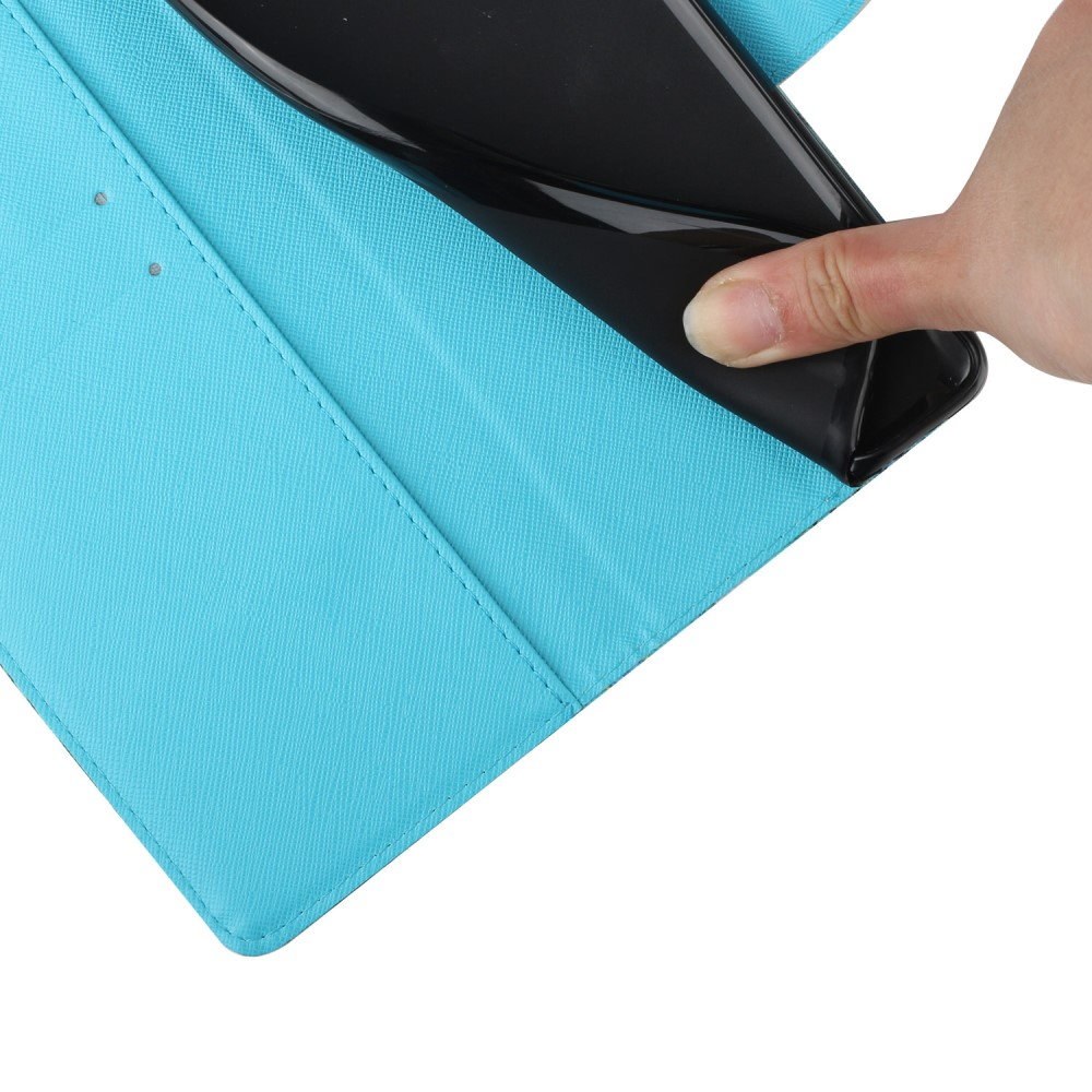 iPhone 13 Pro Leder Tasche mit Kartenfach   Handschlaufe Gardenia Blumen - Blau / Weiss