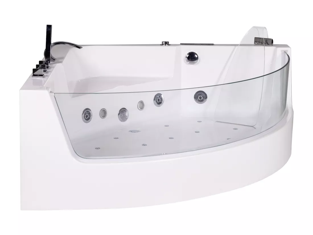 Baignoire balnéo d'angle vitrée ETHRA - 1 place - 255 L - 150*150*57cm - Blanche