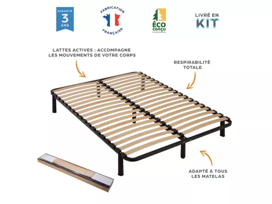 Sommier à lattes démontable + pieds 90x190 - 18 lattes bois - Fabrication française