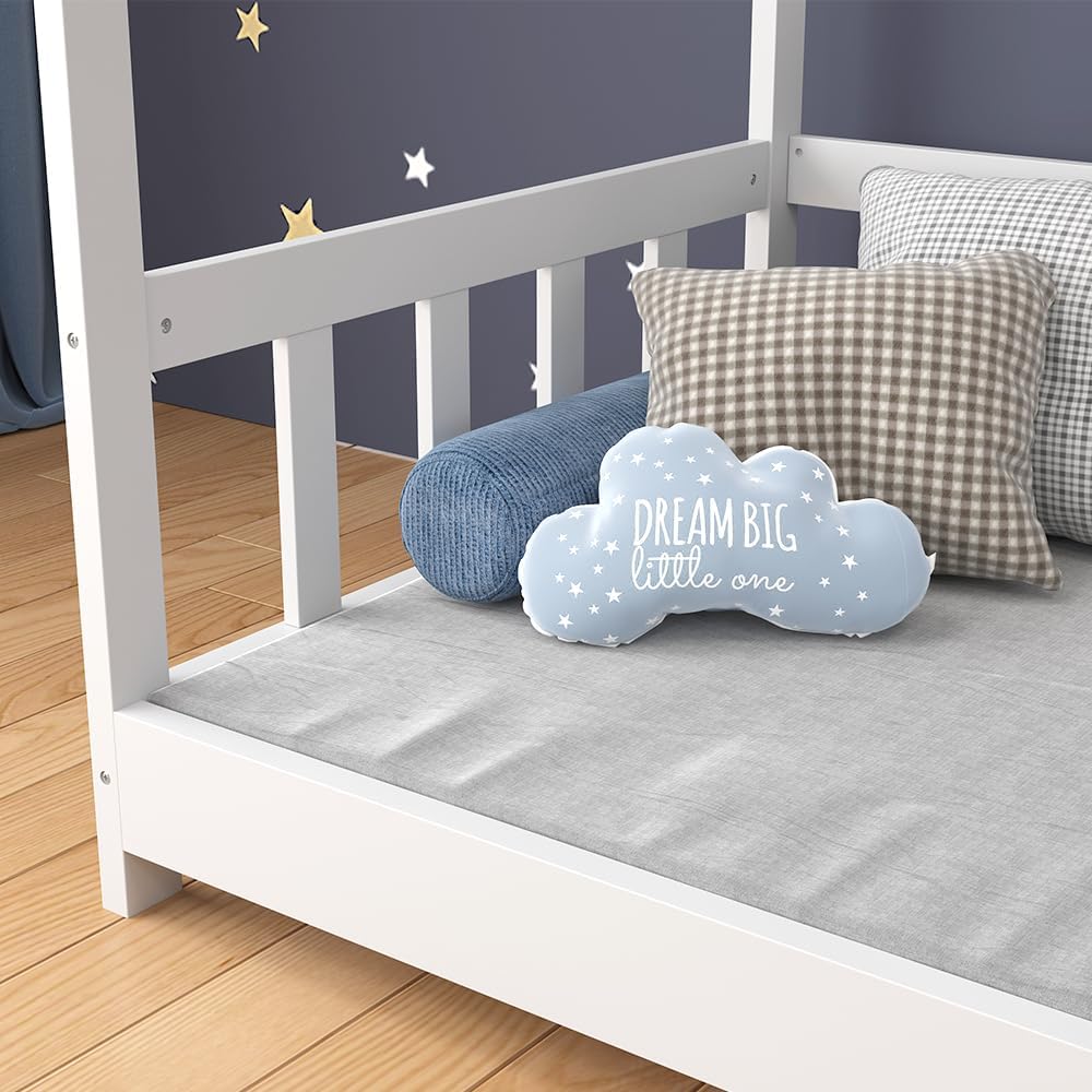 Hausbett 80x160 cm Michelle mit Rausfallschutz - Weiß 166x135x86 cm aus Bambus - Bett ideal fürs Kinderzimmer, für zuverlässigen Schlaf mit zusätzlicher Sicherheit