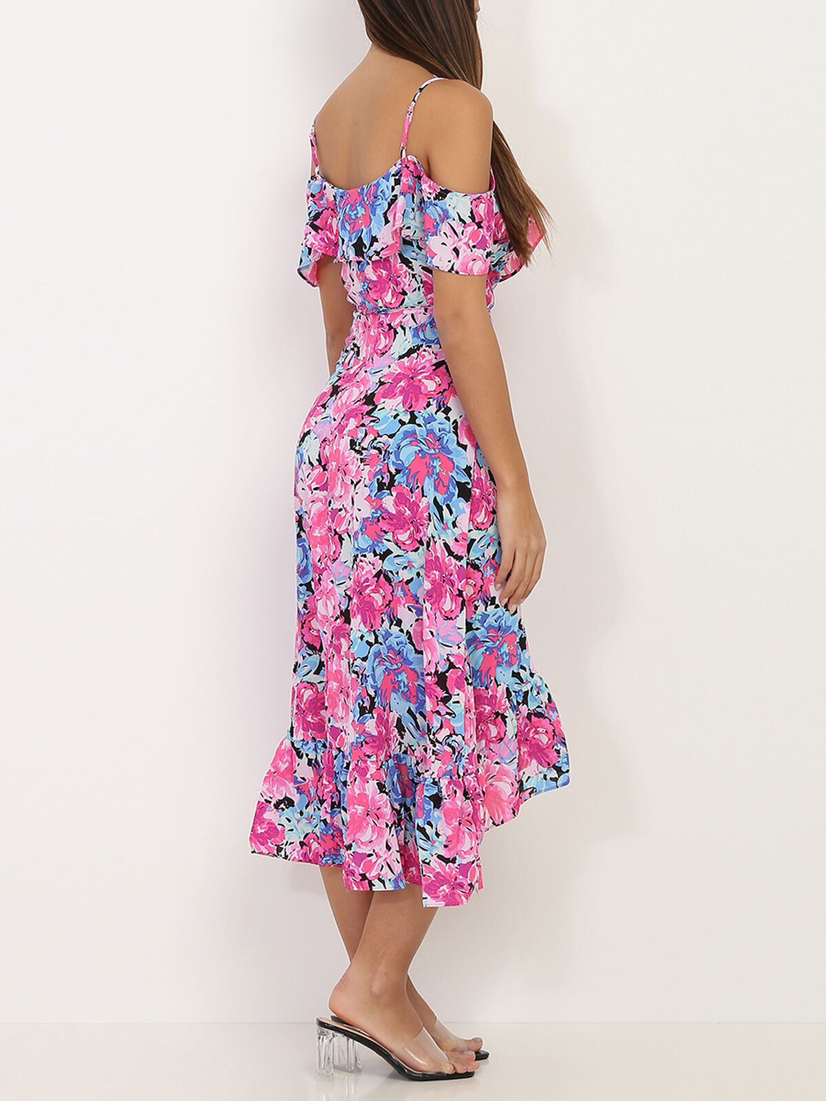 Robe portefeuille à volants et fleurs- Rose
