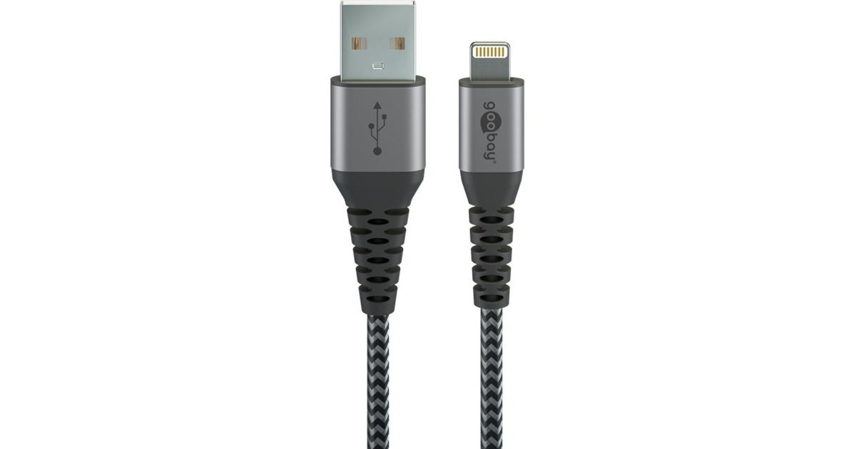 goobayLightning > USB-A textielkabel met metalen aansluitingen  (Grijs/zilver, 0,5 meter)