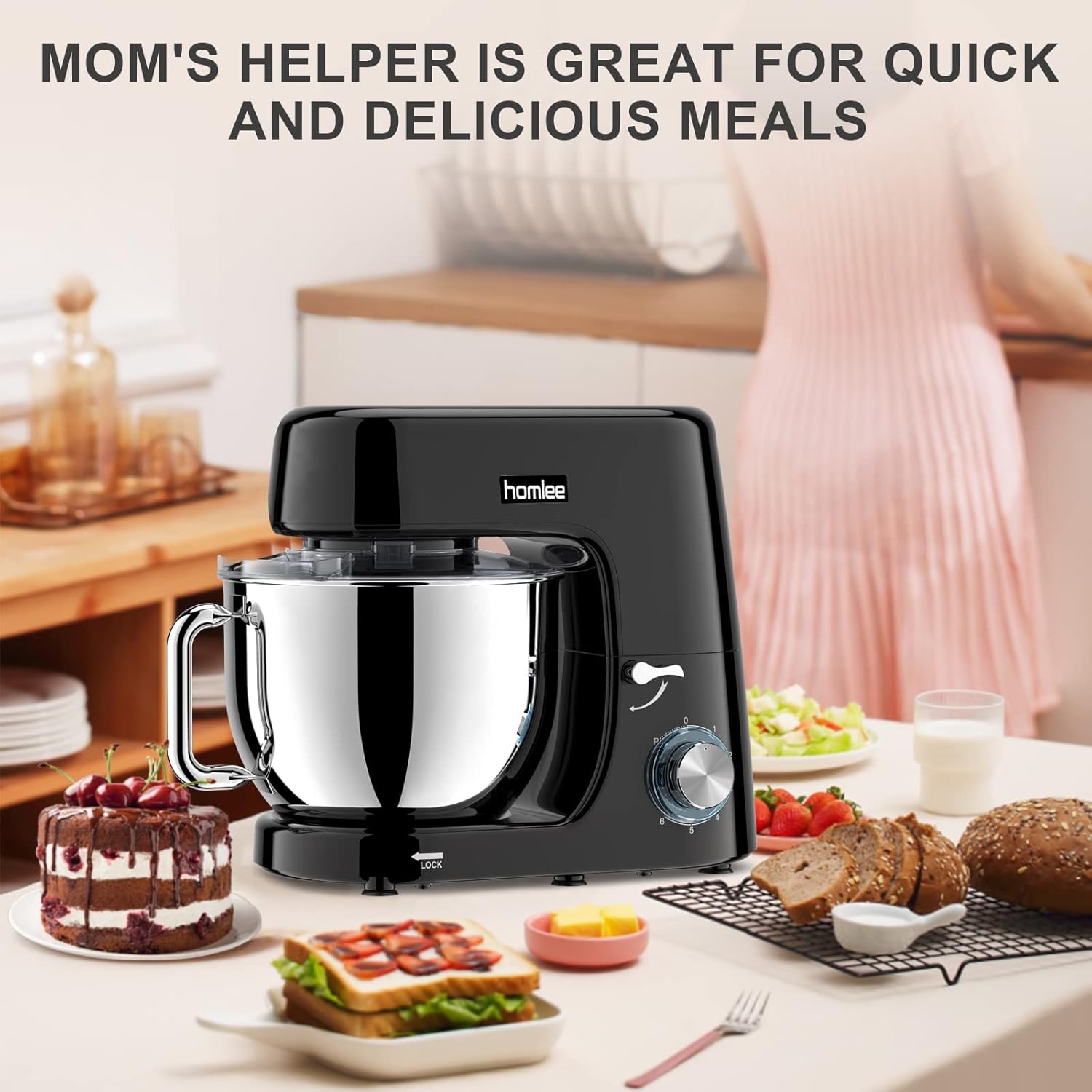 Robot Patissier Homlee 1800W 7,2L Professionnel Robot Ptissier Petrin Multifonctions Robot Cuisine Faible Bruit Batteur sur Socle avec Bol en Acier Inoxydable,Fouet,Batteur,Crochet,6 Vitesses