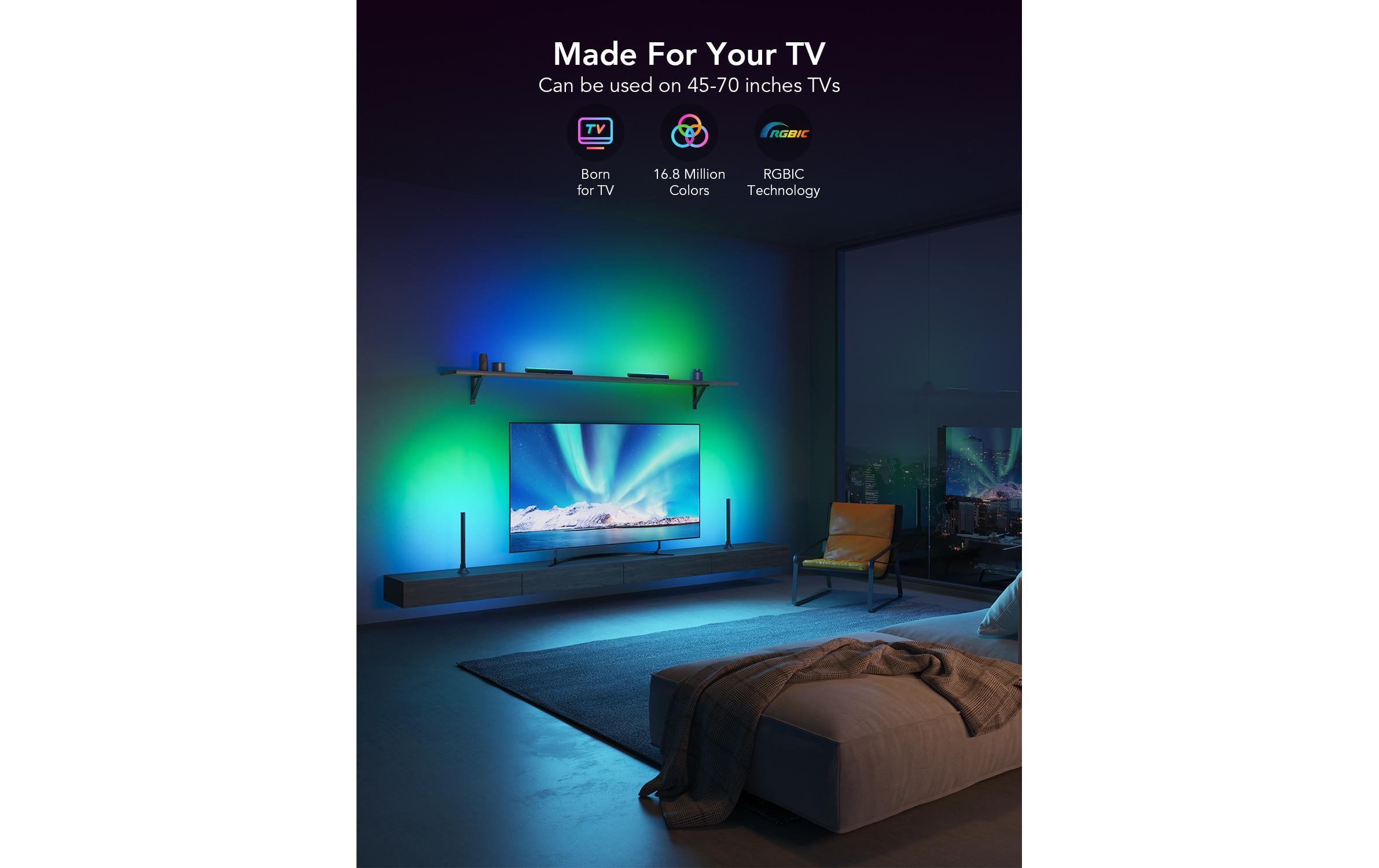 Lichtbalken Flow Plus, RGBIC, WiFi + BluetoothSmarte Lichtbalken für Displays mit Grösse bis 70 Zoll