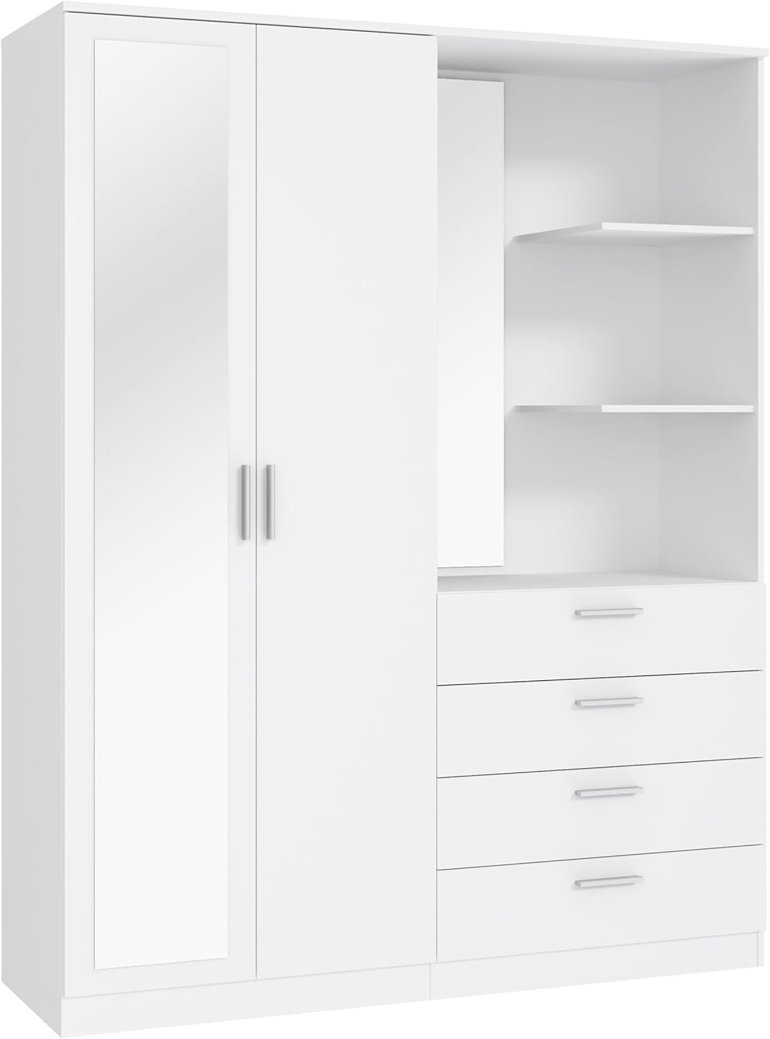 Forte DEWANIA Kleiderschrank 160, Schrank mit offenen Regalfächern und Spiegel, Holzwerkstoff, Weiß, 159,3 cm breit, 203,4 cm hoch, 52,7 cm tief