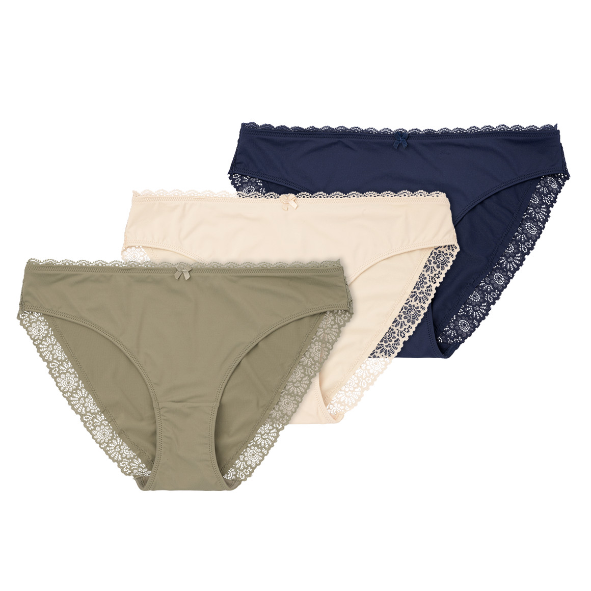 3 Damen Slips mit Spitze dunkelblau / oliv / hellbeige