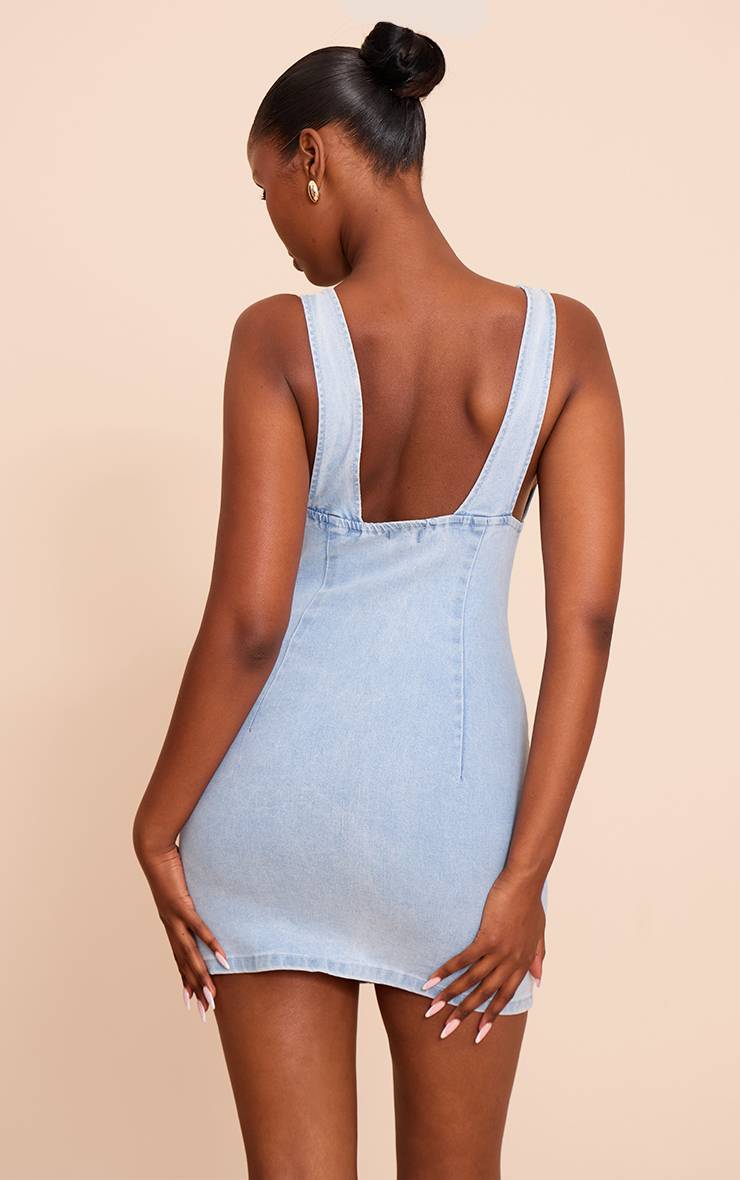 Bleu Clair Robe Courte En Denim À Détail Boutonné