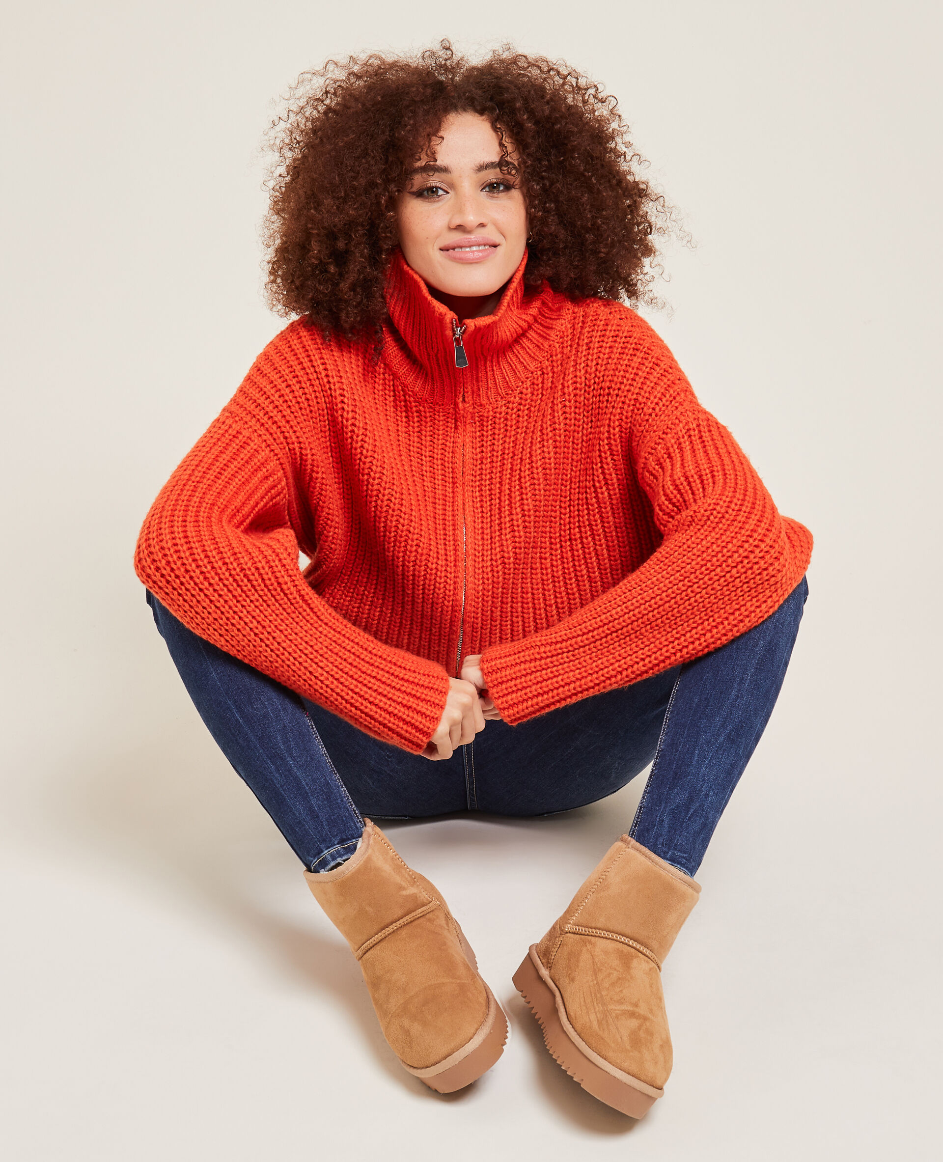 Gilet zippé grosse maille - Orange
