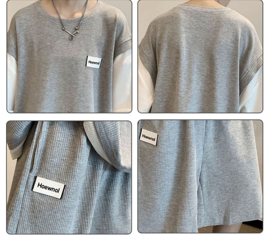 Diphon - Set: Mock tweedelig 3/4-mouw ronde hals two-tone T-shirt + elastische taille wijde pijpen shorts