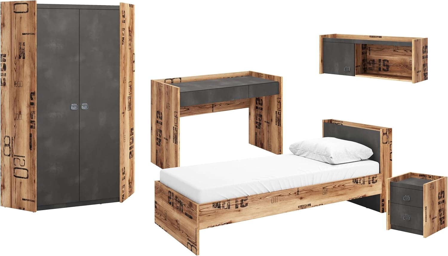 Generisch Jugendzimmer Set Fargo, Mehrfarbig, 90x200cm Bett ohne Matratze, Modern, Montage erforderlich, Rechteckig, Wandmontage, 5-teilig mit Schreibtisch, Eckschrank und Nachtschrank
