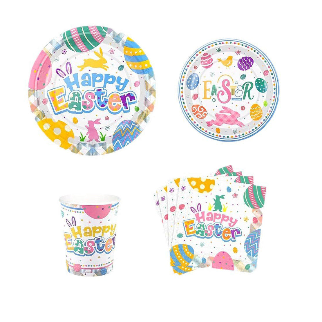 (155-tlg. Set) Einweg Geschirr Oster Party Tisch Deko inkl. Teller / Servietten / Besteck / Papp Becher - Happy Easter