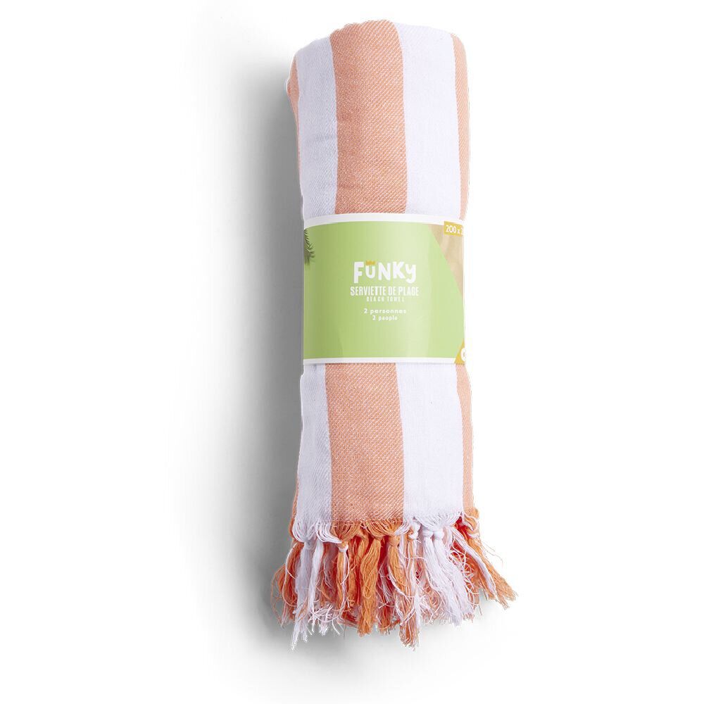 Fouta de plage 2 personnes marinière blanc et corail 200x200cm