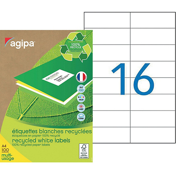 AGIPA 101190 Etiquettes blanches recyclées multi-usage 105 x 37 mm - Boîte de 1600