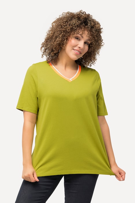 T-Shirt, Streifenbündchen, V-Ausschnitt, Halbarm