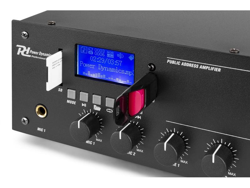 Power Dynamics Verstärker Pro PPA502 100 V, 2x 50 W 2-Kanal Verstärker mit Bluetooth, MP3-Player, Mikrofoneingang und verstellbarer Ausgangsleistung
