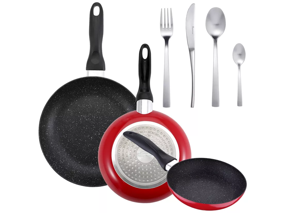 Lot de 3 poêles à frire san ignacio ø16cm ø20cm ø24cm + set de 16 couverts en acier inoxydable